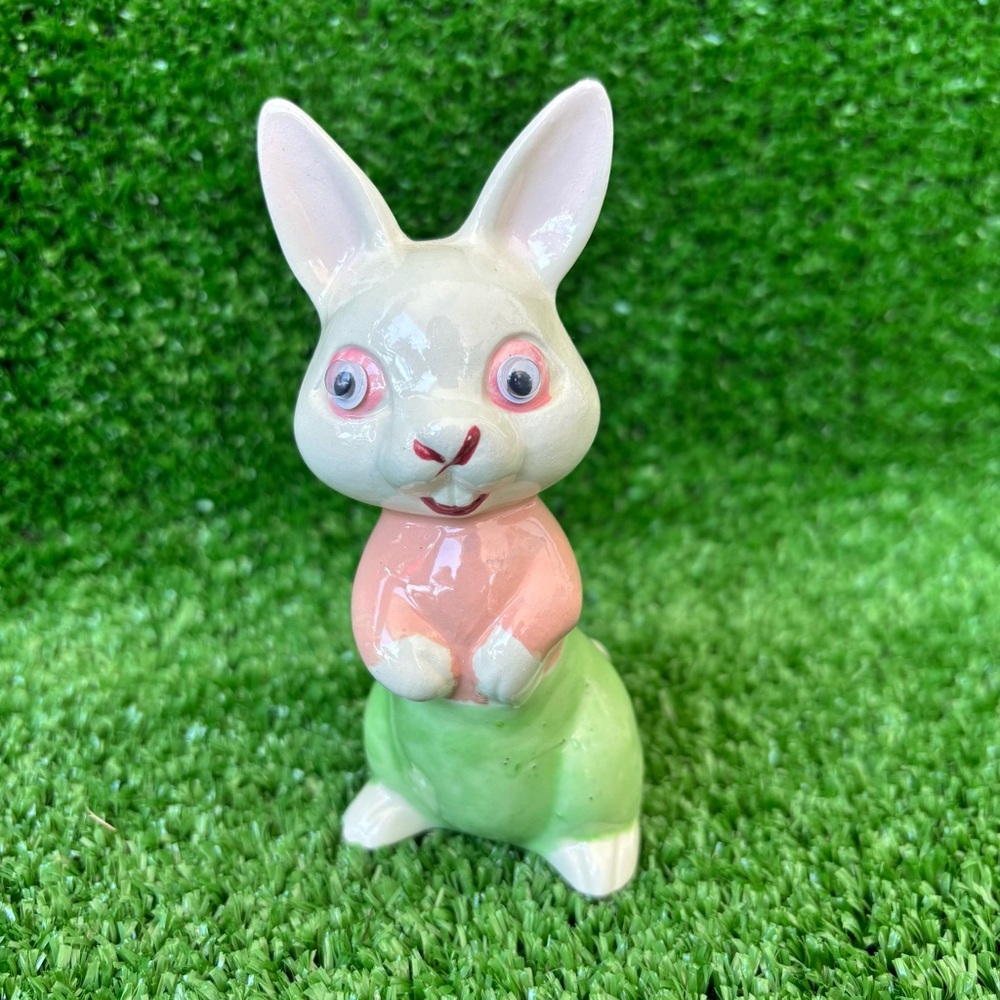 Vintage Ceramic Bunny Figurine in Pink and Green